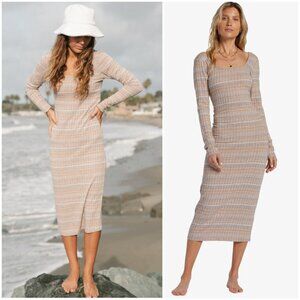 Billabong Be My Belle Midi Dress Knit Ribbed Bodycon Long Sleeve size L Resort